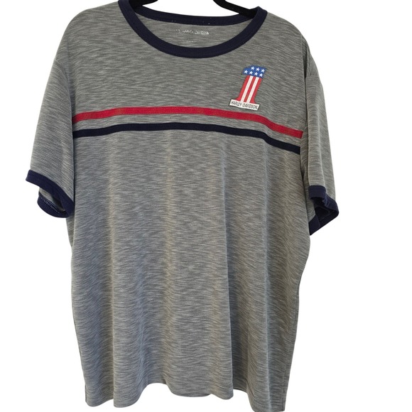 Harley Davidson Mens Graphic T Shirt Gray Red Blue Stripe Logo Size XL - Picture 1 of 5